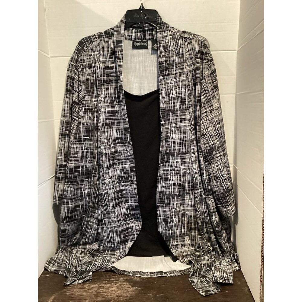 T100-Ladies Black & White Maggie Barnes Short Sleeve Blouse Size 2 X Large